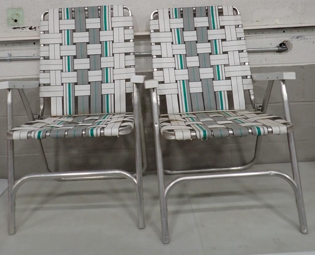 Pair of Folding Outdoor Chairs with Aluminum Frames: Pair of Folding Outdoor Chairs with Aluminum Frames All pictures are considered part of the description and should be examined carefully by bidders. Live Auctioneers is now offering Live Shipping thro
