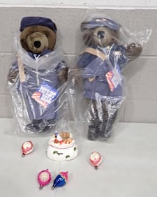 Pair of Plush Patriot Bears New With Tags, some vintage Glass Indent Christmas Ornaments, Music Box
