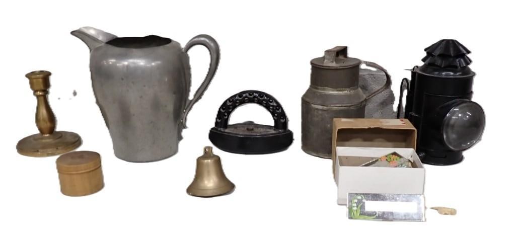 Vintage / Antique Lot including Boat Signal Lantern, Iron, Brass Candle Holder, Pewter Pitcher, Crea (1 of 14)