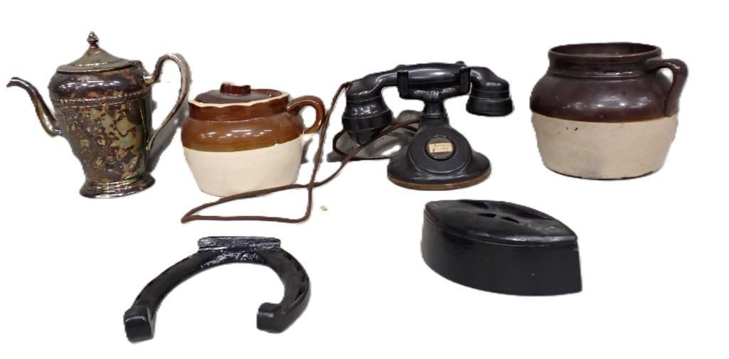 Vintage / Antique Lot including Telephone, Bean Pots, Iron, Silver Plate Teapot, E Swasey & Co, etc. (1 of 15)