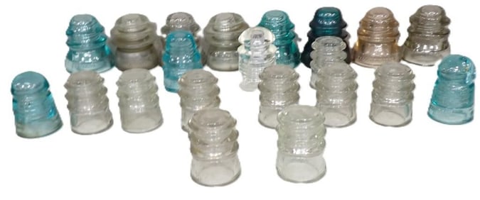 Lot of 21 Assorted Glass Insulators including Blue, Gray and Clear Glass
