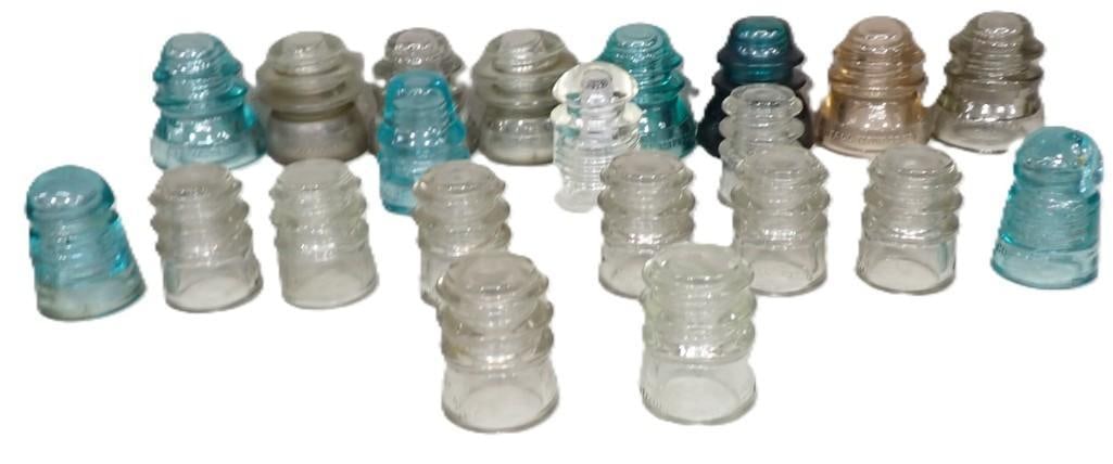 Lot of 21 Assorted Glass Insulators including Blue, Gray and Clear Glass (1 of 9)