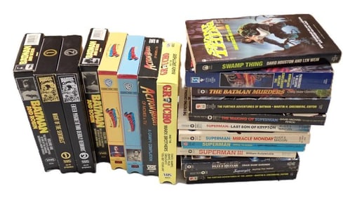 Book and Movie Lot including Batman and Robin, Superman, Joker, Supergirl, Swamp Thing, Action Heroe