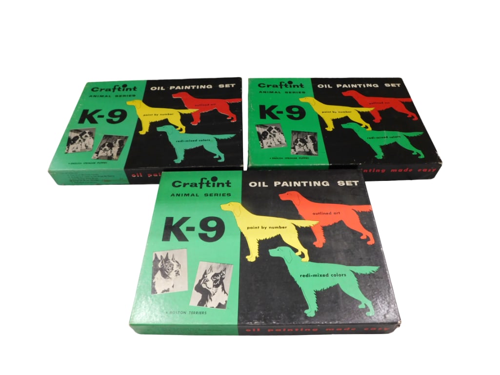 3 Vintage Craftint Dog Oil Painting Sets K-9 Animal Series: 3 Vintage Craftint Dog Oil Painting Sets K-9 Animal Series All pictures are considered part of the description and should be examined carefully by bidders. Live Auctioneers is now offering Live Shippi