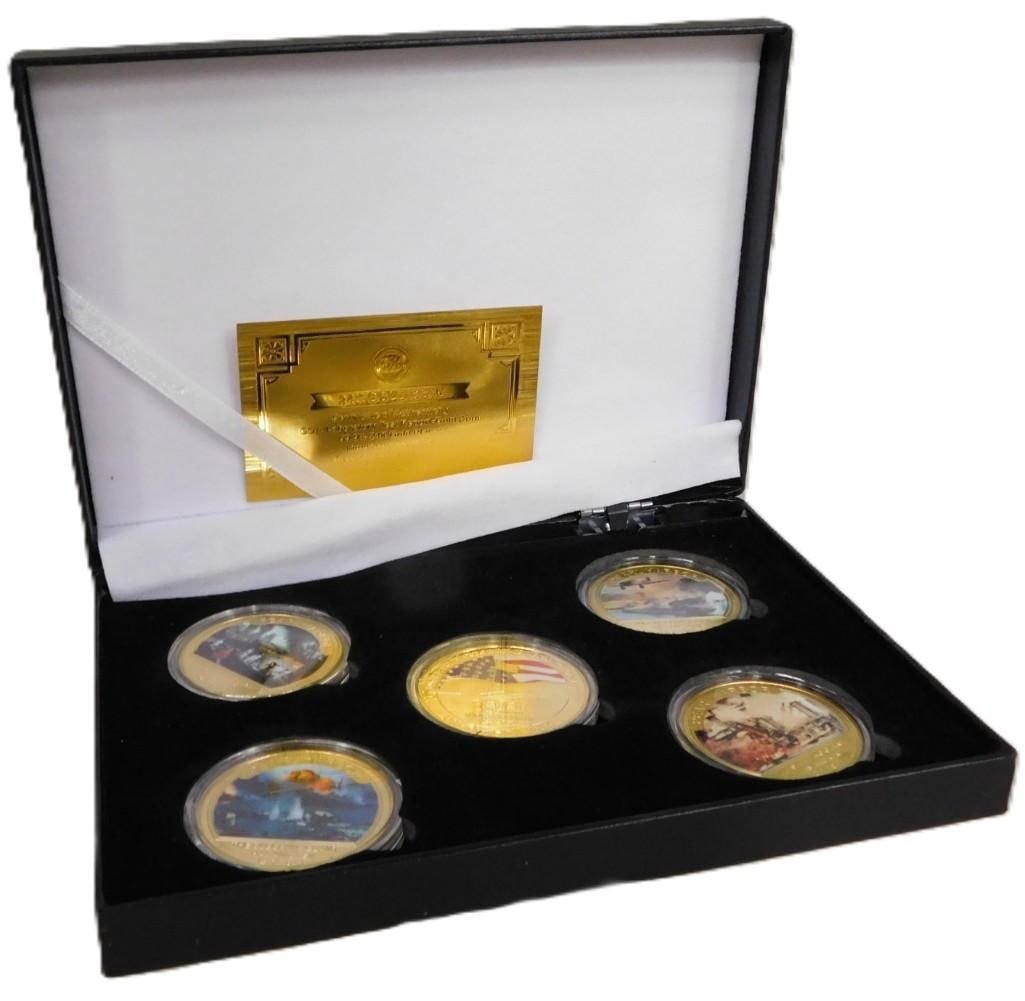 Set of 5 Pearl Harbor 24K Gold Plated Coins with COA: Set of 5 Pearl Harbor 24K Gold Plated Coins with COA All pictures are considered part of the description and should be examined carefully by bidders. Live Auctioneers is now offering Live Shipping thr