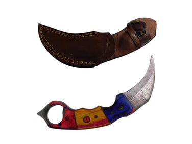 Curved Knife with Loop on Wooden Handle and Sheath