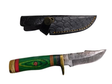 Knife with Green Wooden Handle and Sheath