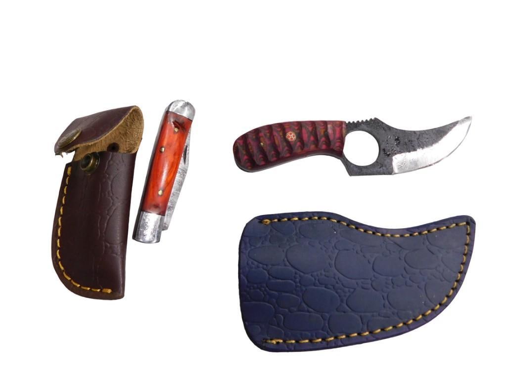 Pair of Pocket Knives with Sheaths including Folding Knife and one with Loop in the base of blade (1 of 5)