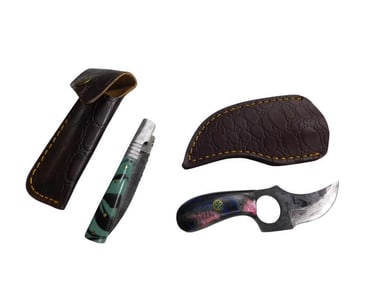 Pair of Pocket Knives with Sheaths including a folding one and one with a loop in the base