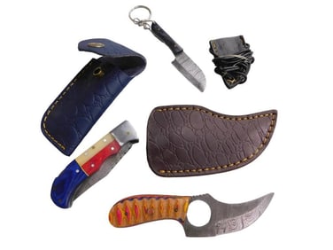 3 Pocket Knives with Sheaths including a key Chain, Folding and Loop in Base
