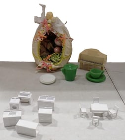 Vintage Doll Dishes, Doll House Furniture, Piano, Easter, Spring Diorama in Egg
