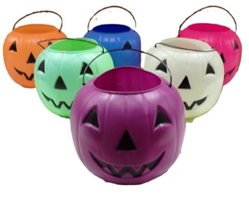 6 Blow Mold Halloween Candy Buckets - assorted colors