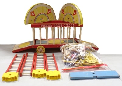 Vintage 1962 Fisher Price Wood Circus Car with People, Animals, Accessories