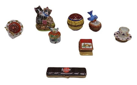 Lot of 8 Limoges Trinket Boxes including Two Kittens, Rochard Watercolor Box, Bluebird, Teacup, etc