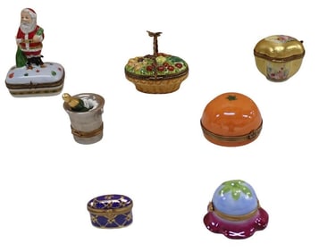 Lot of Limoges Trinket Boxes including Santa Claus, Orange, Flower Basket, Champagne Bucket, Blue an