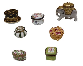 Lot of Limoges Trinket Boxes including Elephant, Cherry Pastry, Magician's Hat, Green Stripe Box, et