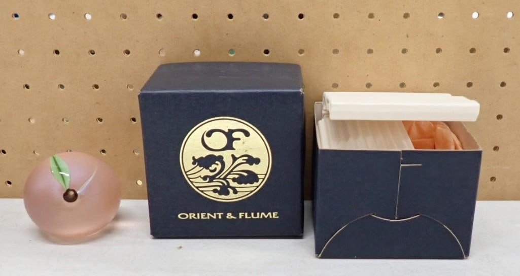 Orient & FLume Shimmer Iridescent Art Glass Peach Paper Weight - Signed: Orient & FLume Shimmer Iridescent Art Glass Peach Paper Weight - Signed All pictures are considered part of the description and should be examined carefully by bidders. Live Auctioneers is now off