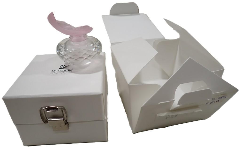 Swarovski Crystal Rose Falcone Perfume Bottle with Box: Swarovski Crystal Rose Falcone Perfume Bottle with Box All pictures are considered part of the description and should be examined carefully by bidders. Live Auctioneers is now offering Live Shipping t