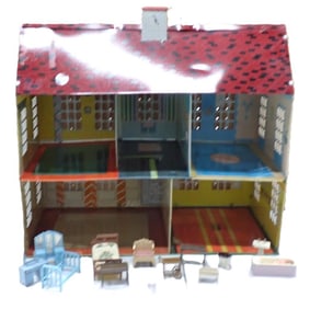 Vintage 1950's Tin Doll House with Furniture