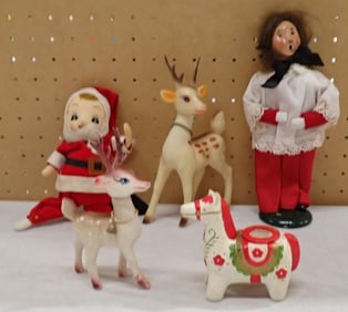1964 Holt Howard Horse Candleholder, 1950's Japan Nylon Poseable Santa/Elf, 1986 Byer's Choice Carol
