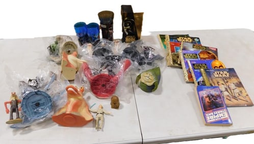 Star Wars Toy and Book Lot including Little Golden Books, Vintage Jabba the Hutt, Episode I, Cups, e