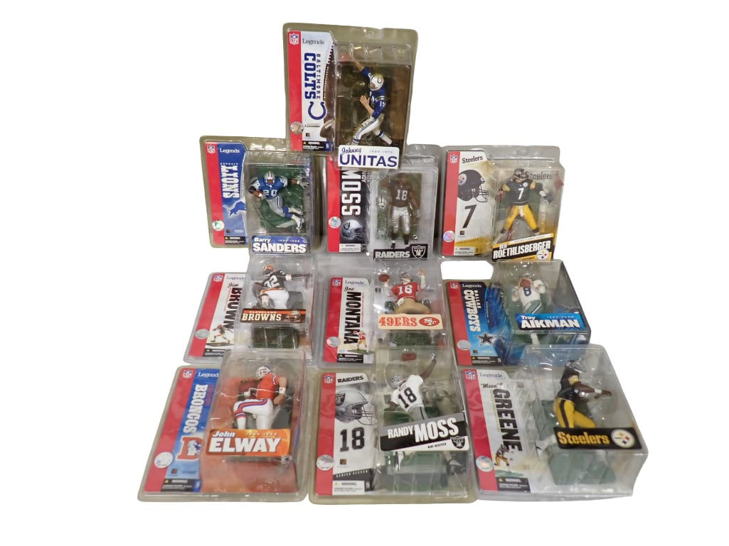 10 Football Figures incl Troy Aikman, Joe Montana, Mean Joe Greene, Randy Moss, Barry Sanders,: Lot of 10 Football Figures incl Troy Aikman, Joe Montana, Mean Joe Greene, Randy Moss, Barry Sanders, Johnny Unitas, Ben Roethlisberger, Jim Brown, John Elway. All new in package. NFL Lege