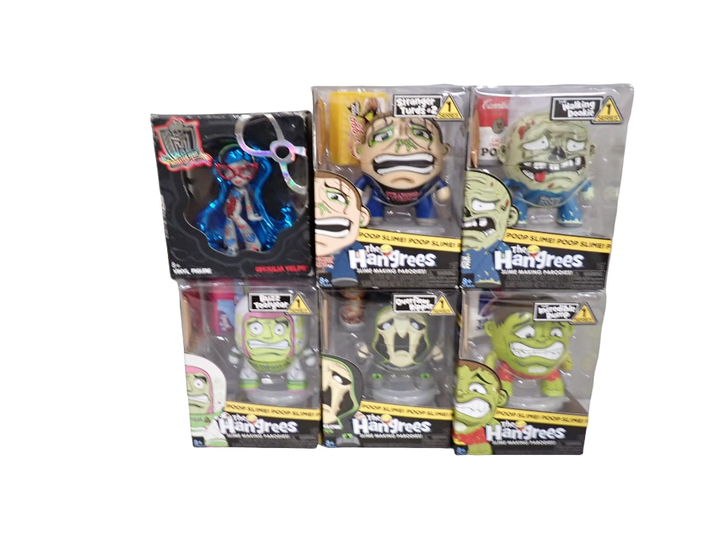 1 Monster High Chase Ghoulia Figure and 5 The Hangrees Collectible Parody Figures: Lot of 6 toy figures including 1 Monster High Chase Ghoulia Figure and 5 The Hangrees Collectible Parody Figures . All new in package. All pictures are considered part of the description and sho