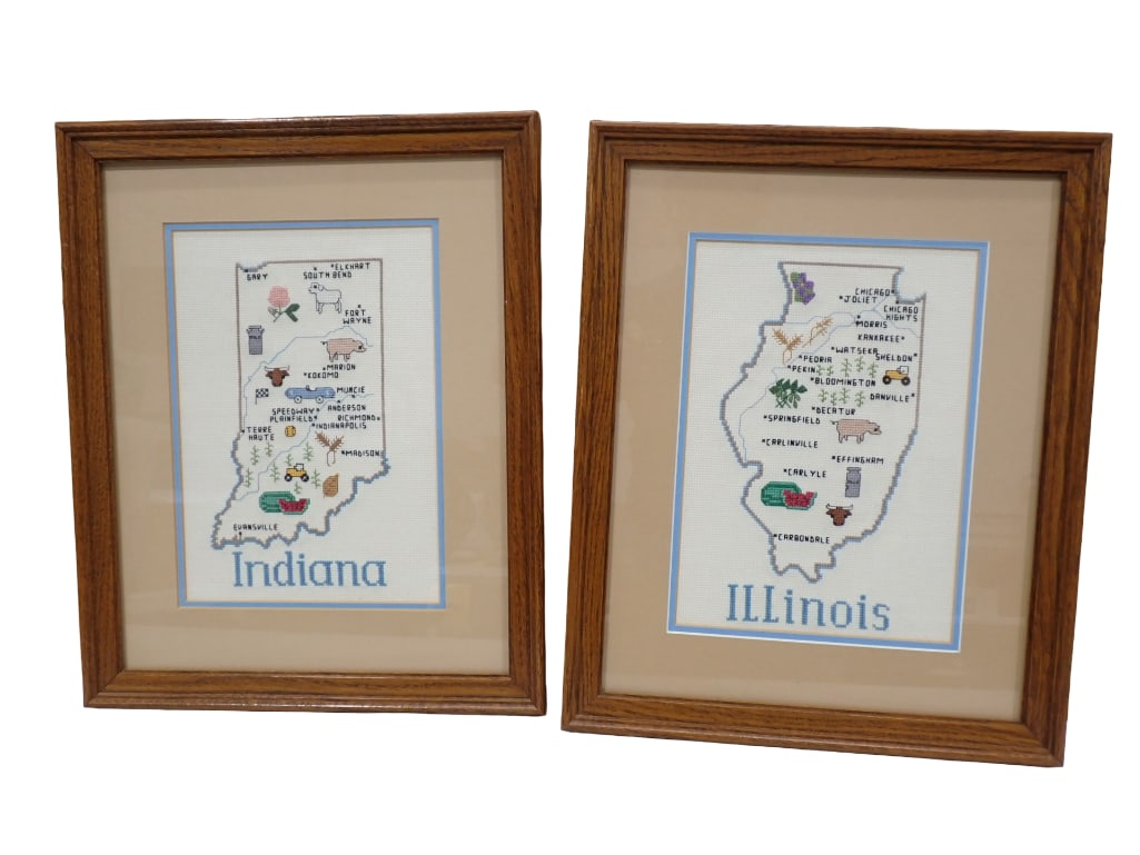 2 Vintage Framed Cross Stitch Art incl Illinois and Indiana (1 of 5)