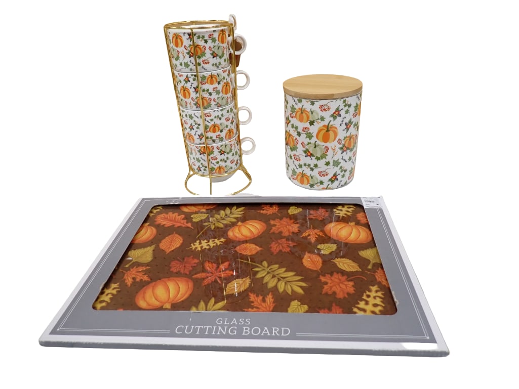 Matching Fall Set Cups and Canister and Cutting Board: Matching Fall Set Cups and Canister and Cutting Board. Cups have original tag All pictures are considered part of the description and should be examined carefully by bidders. Live Auctioneers is