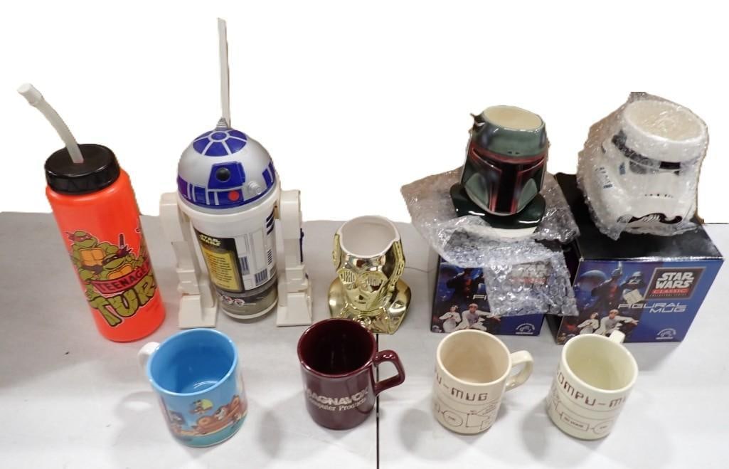 Lot of Water Bottles, Coffee Mugs, etc. - Star Wars, Teenage Mutant Ninja Turtles, Magnavox, Compu-M (1 of 9)