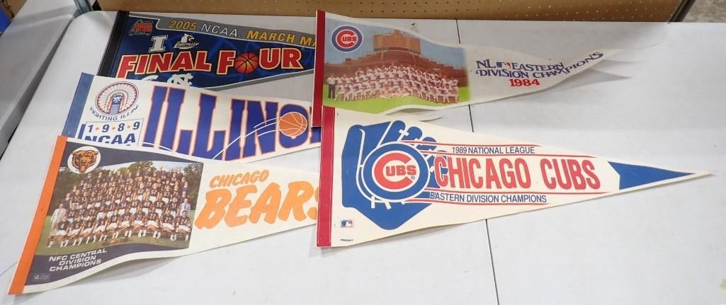 Lot of Vintage Pennants including University of Illinois, Chicago Bears, Cubs, NCAA Final Four (1 of 5)