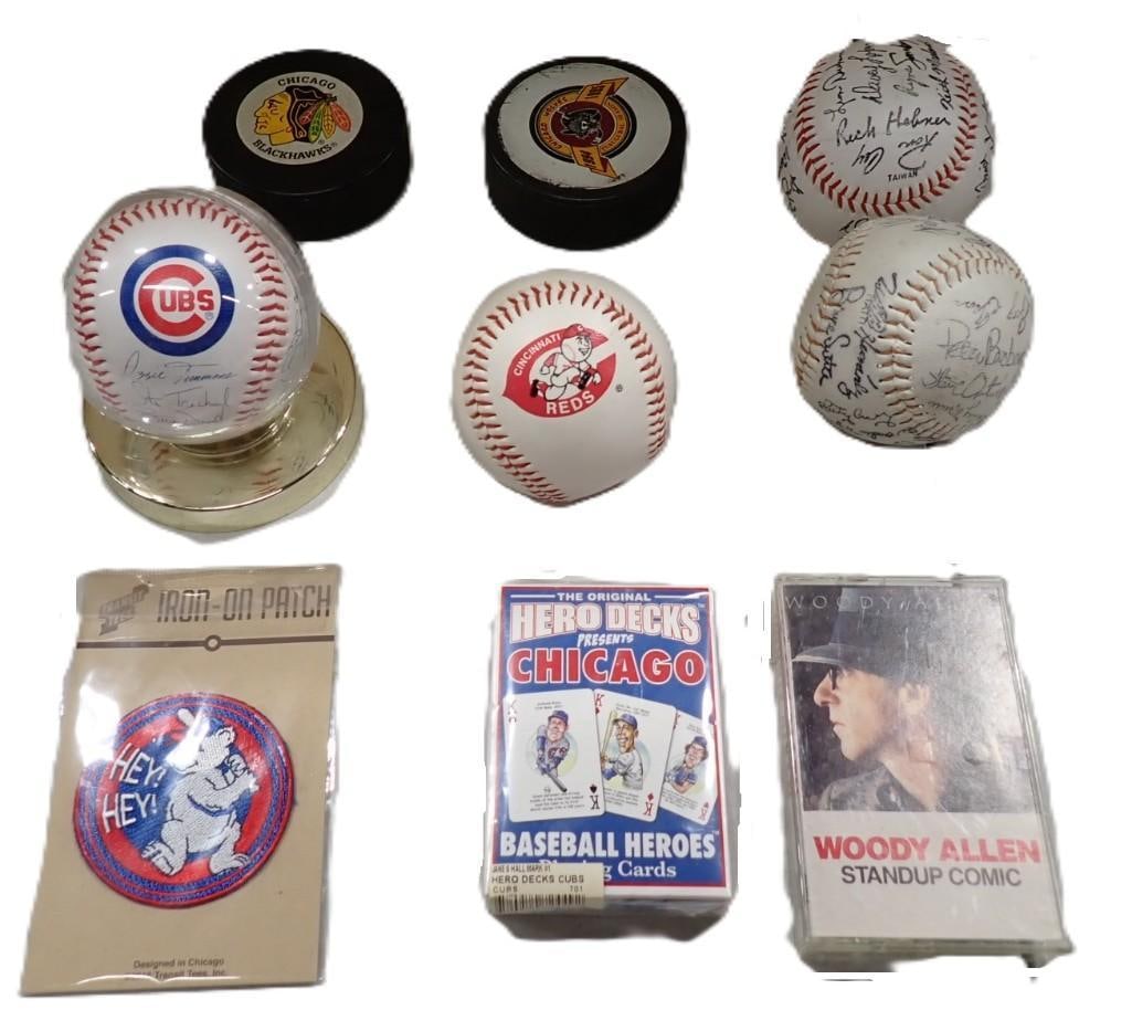 Sports Lot etc. Including Autographed Baseballs (No COAs) Hockey Pucks, Chicago Cubs Patch, Playing (1 of 7)