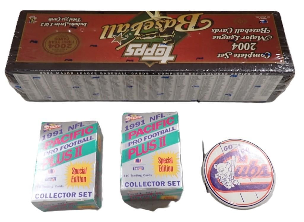 Sports Lot including 1991 Pacific Plus II Football Cards, Sealed 2004 Topps Baseball Cards, Cubs Pin (1 of 9)