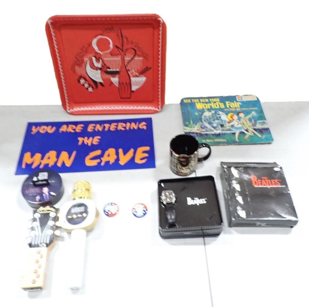 Misc. Lot including World's Fair Book, Beatles Watch, Carpool Karaoke, Gimme Jimmie Political Pins (1 of 8)