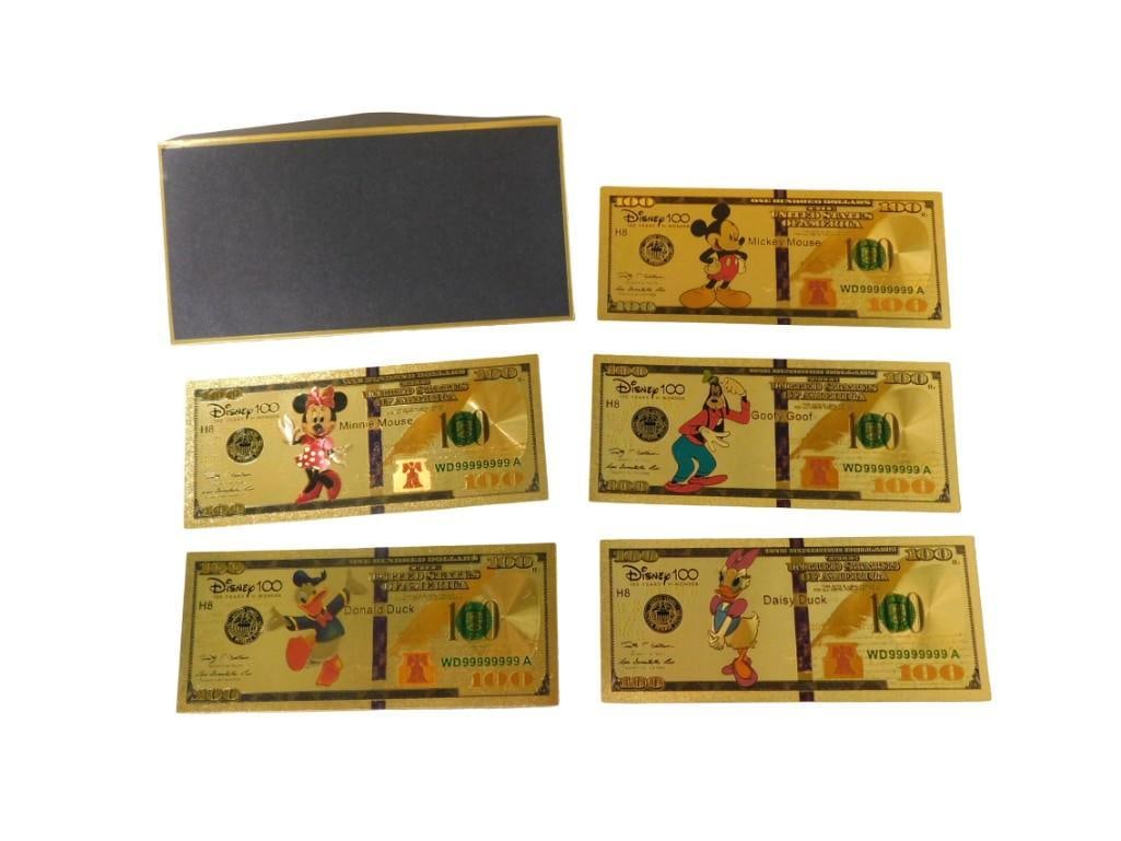 5 Walt Disney Gold Clad 100 Dollar Bills including Mickey, Donald, Goofy, Daisy, Minny Mouse: 5 Walt Disney Gold Clad 100 Dollar Bills including Mickey, Donald, Goofy, Daisy, Minny Mouse - these are not legal tender All pictures are considered part of the description and should be examined car