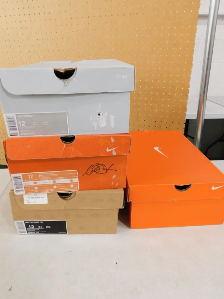4 Pairs of Men's Nike Shoes including a pair of Air Jordans - All size US 12: 4 Pairs of Men's Nike Shoes including a pair of Air Jordans - All size US 12 All pictures are considered part of the description and should be examined carefully by bidders. Live Auctioneers is no