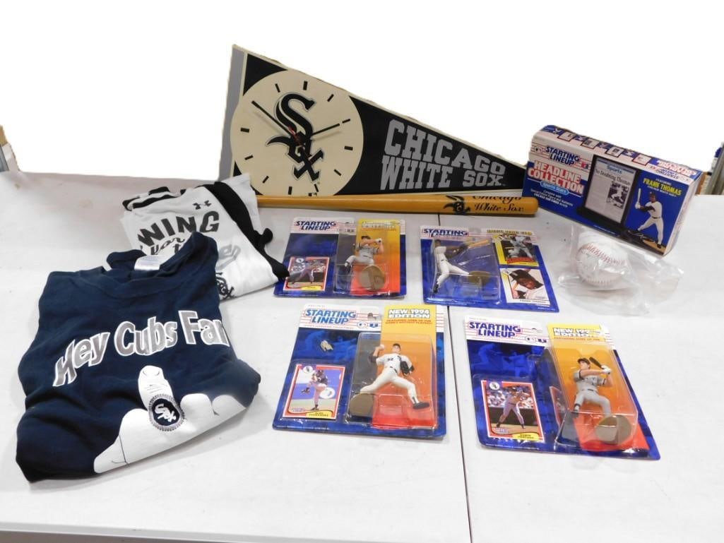 Chicago White Sox Lot including Pennant Clock, Starting Lineup Figures, Shirts, Mini bat, etc.: Chicago White Sox Lot including Pennant Clock, Starting Lineup Figures, Shirts, Mini bat, etc. All pictures are considered part of the description and should be examined carefully by bidders. Live Auc