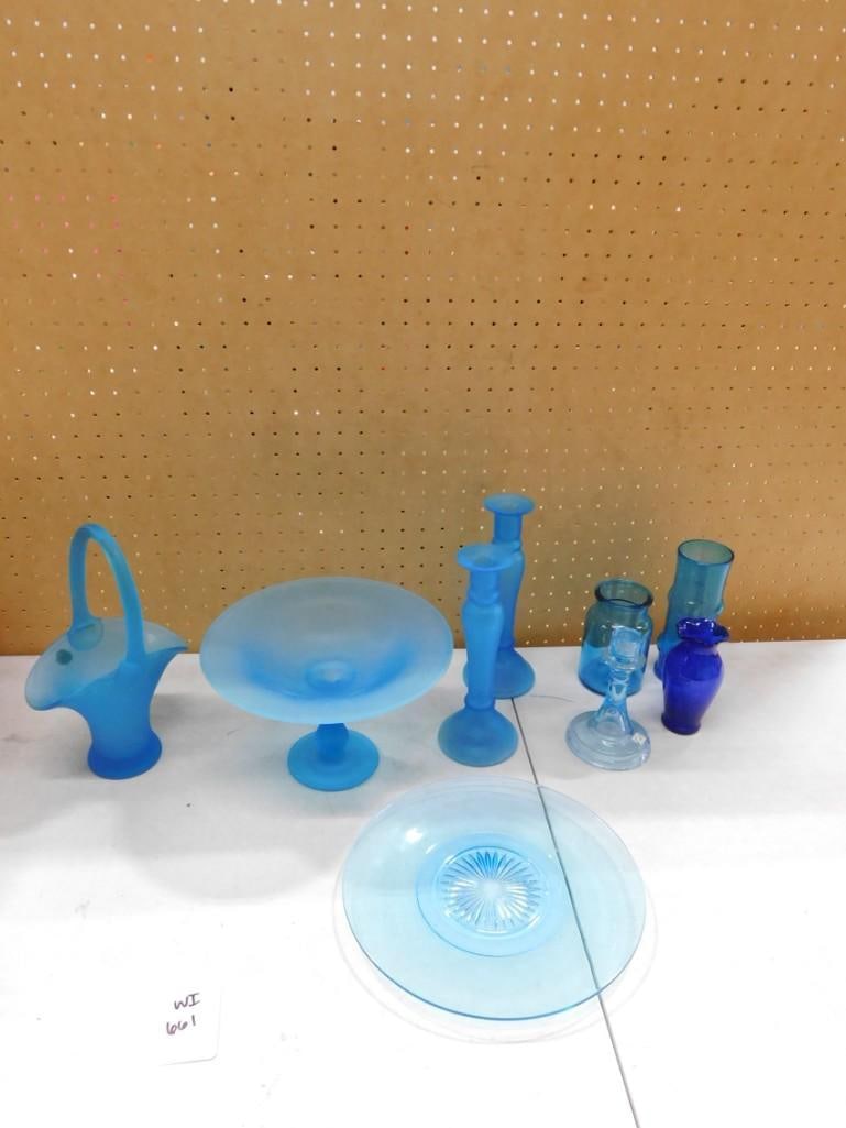 Blue Glass Lot incl Blue Glass Bamboo Vase, Frosted Blue Glass Candlestick Holders, Footed Bowl, and (1 of 14)