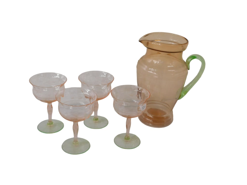 Vintage Weston Watermelon Glass Drink Set incl Pitcher and 4 Stemware Glasses: Vintage Louie Weston Watermelon Glass Drink Set incl Pitcher and 4 Stemware Glasses All pictures are considered part of the description and should be examined carefully by bidders. Live Auctioneers is
