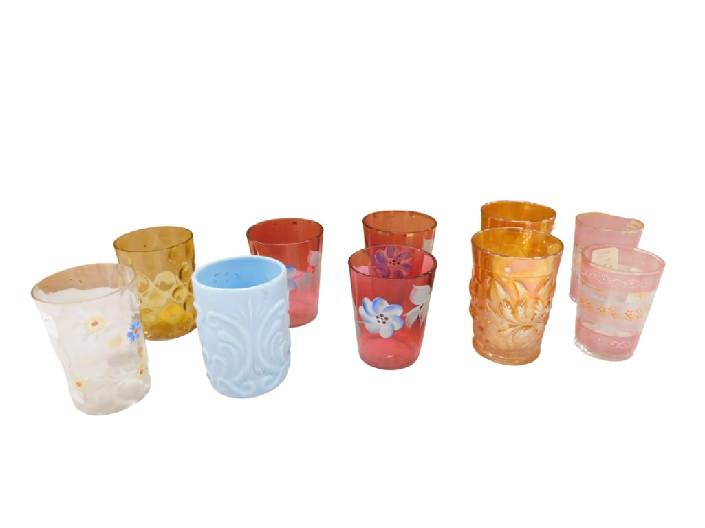 Vintage Glass Tumblers incl Cranberry Glass w Hand Painted Flowers, Carnival Glass, Blue Milk Glass: Vintage Glass Tumblers incl Scroll Pattern Blue Milk Glass or Opaline Glass Tumbler, Cranberry Glass with Hand Painted Flowers, Carnival Glass, etc All pictures are considered part of the description