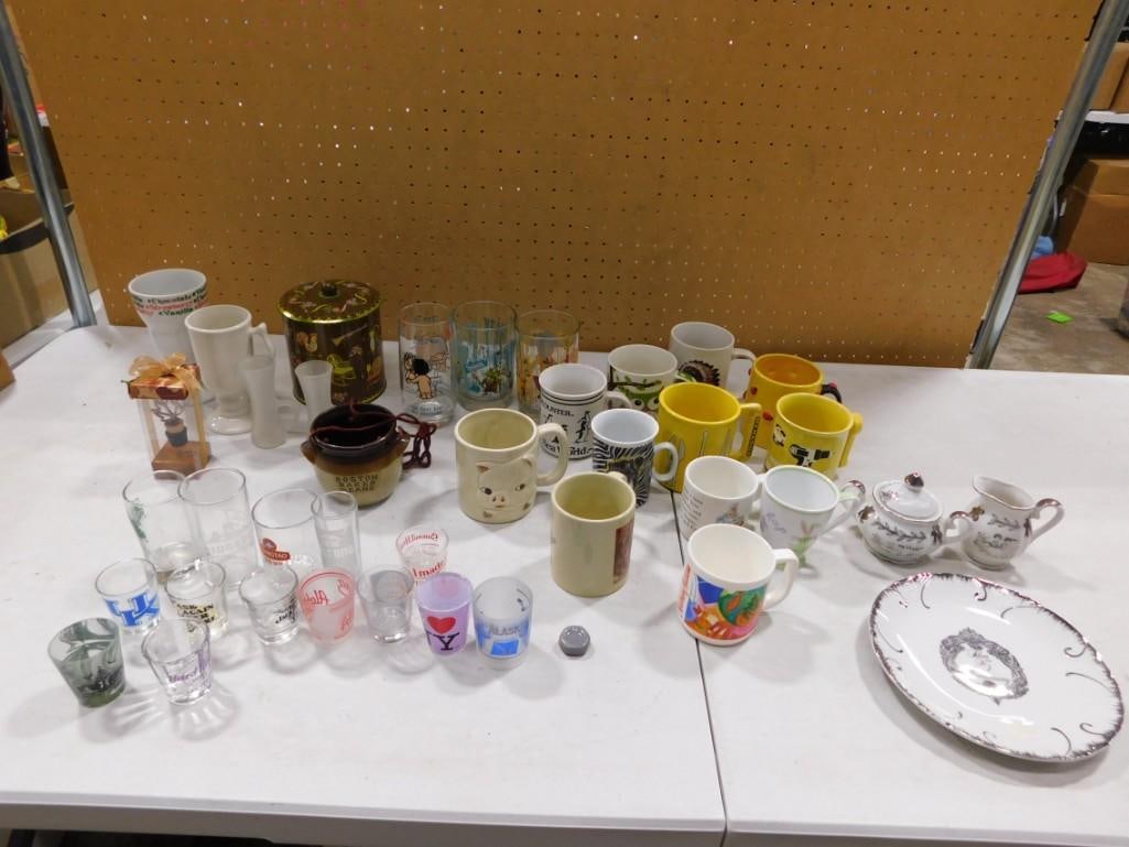 Large Lot of Mugs, Shot Glasses, Shrek Tumblers, Canister, Plate, Creamer and Sugar, Boston Baked Be (1 of 16)