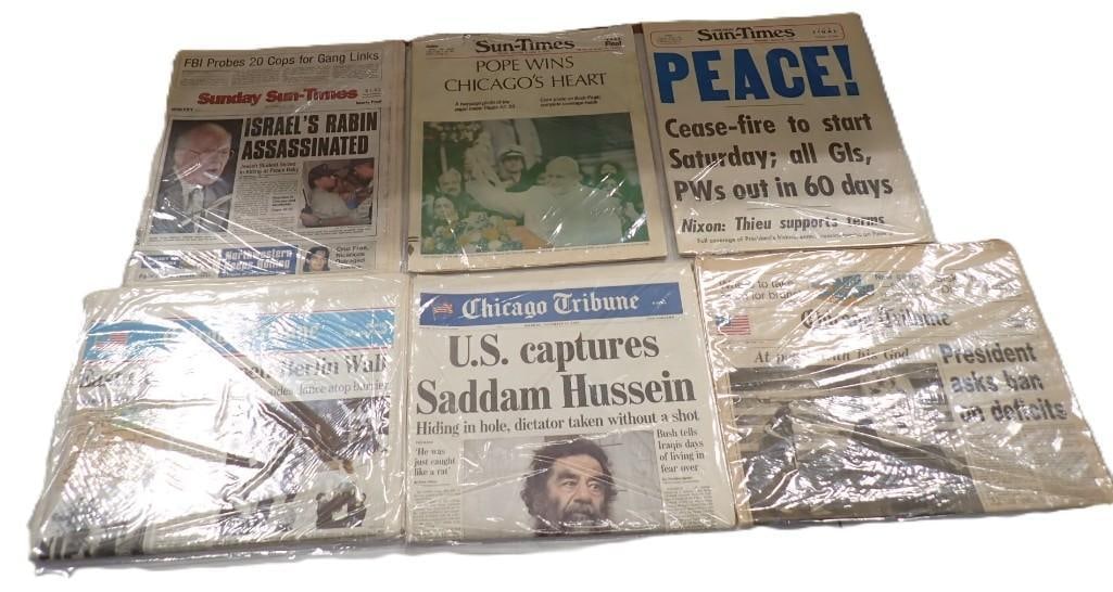 Lot of Historic Newspapers including Rabin Assassination, Berlin Wall, US Captures Hussein, Pope,: Lot of Historic Newspapers including Rabin Assassination, Berlin Wall, US Captures Hussein, Pope, Vietnam Ceasefire All pictures are considered part of the description and should be examined carefully