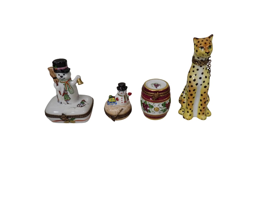 4 Limoges Trinket Boxes incl Leopard, Barrel, 2 Snowman Porcelain Trinket Boxes (1 of 7)