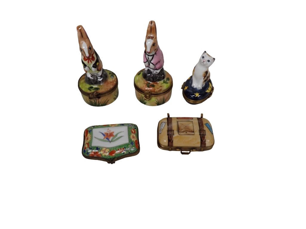 5 Trinket Boxes incl Limoges includes 2 Bunny Rabbits, Cat, Suitcase, Floral (1 of 8)