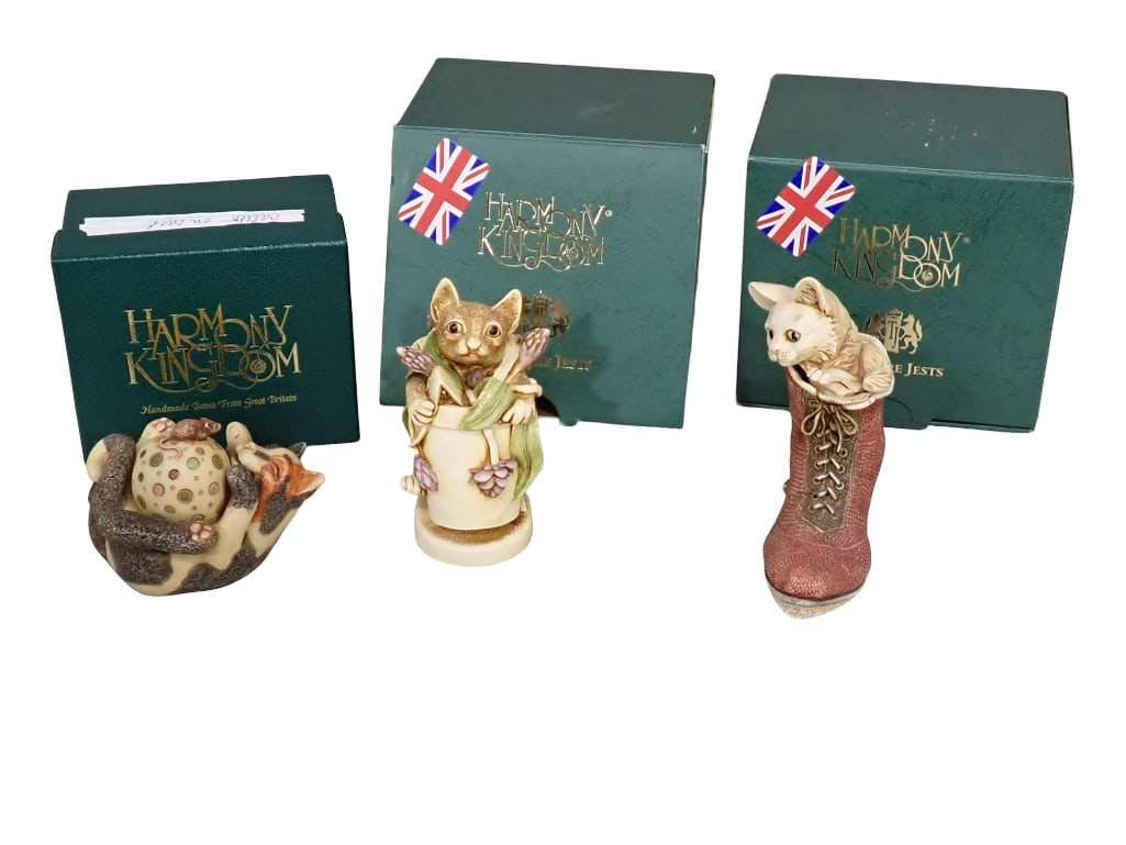 3 Harmony Kingdom Cat Trinket Boxes incl White Heather Cat in Boot, Algernon Cat, (1 of 5)