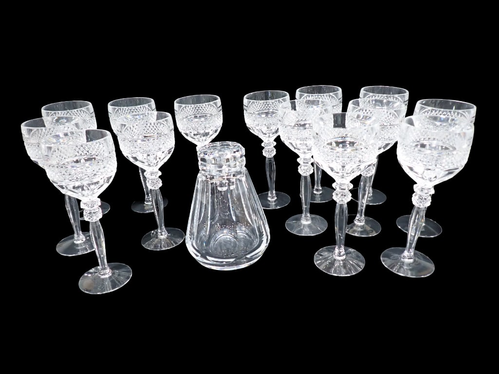 Baccarat Decanter and 14 Crystal Riekes Crisa Rievel Williamsburg Wine Glasses 1970s W. Germany: Baccarat Decanter and 14 Crystal Riekes Crisa Rievel Williamsburg Wine Glasses 1970s W. Germany All pictures are considered part of the description and should be examined carefully by bidders. Live