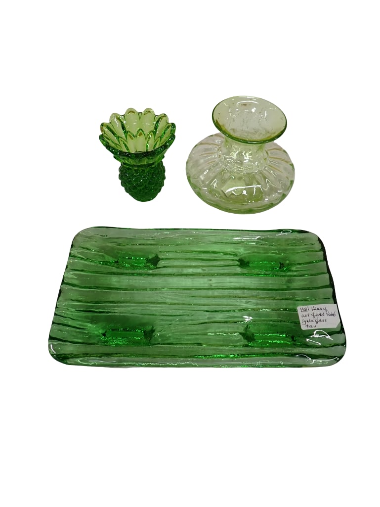 Heavy Green Glass Footed Tray, Vintage Tiara Glass Candle Holder Lime Green, Vintage Bright Green Bu (1 of 8)