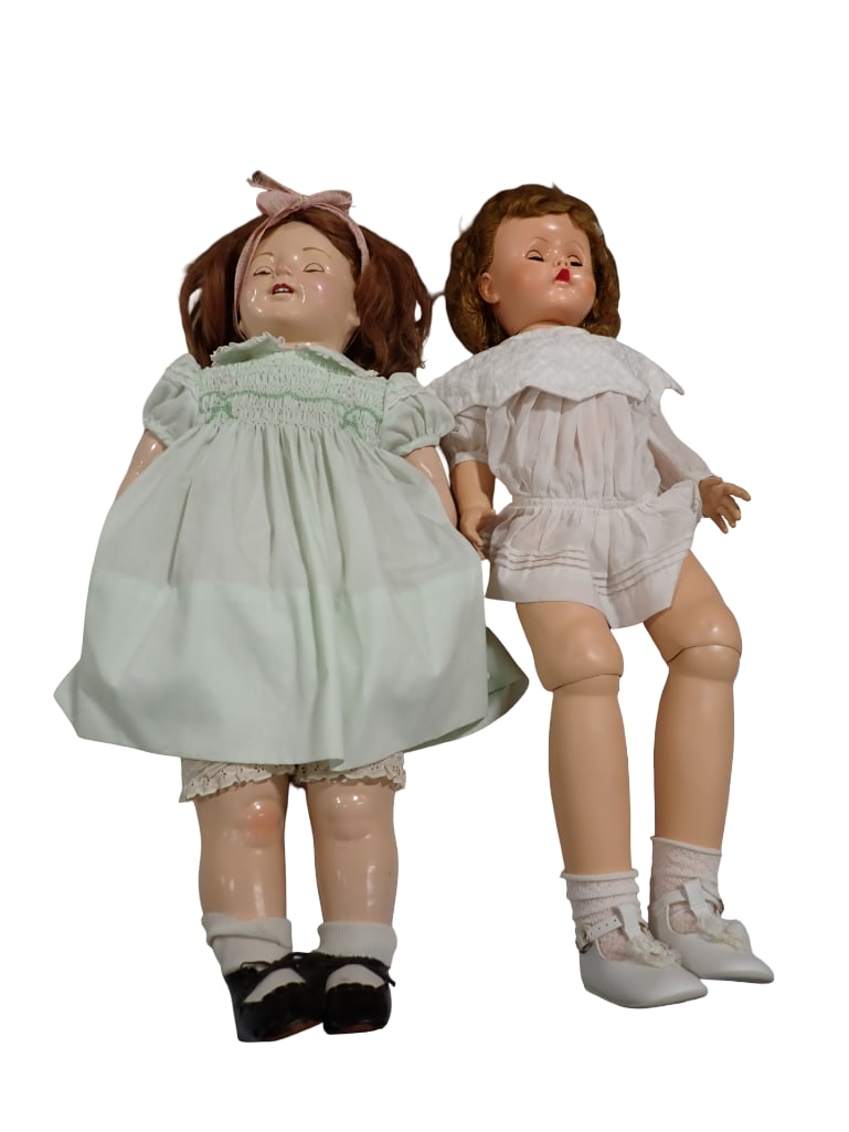 Vtg 1950s 30" Paris Hard Plastic Walker Doll. Jointed Knees, and a Vtg 1940s Era Compo 27" Doll: Vintage 1950s 30" Paris Hard Plastic Walker Doll. Jointed Knees, and a Vtg 1940s Era Compo 27" Doll with cloth body - nip to the nose All pictures are considered part of the description and s