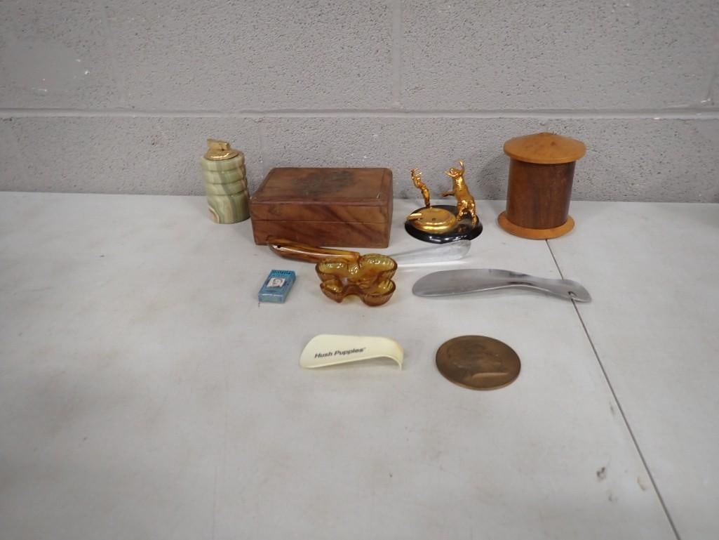 Misc. Lot including Carved Stone Lighter, Shoe Horns, Vintage Gillette Blue Blades, Shamrock Glass (1 of 10)