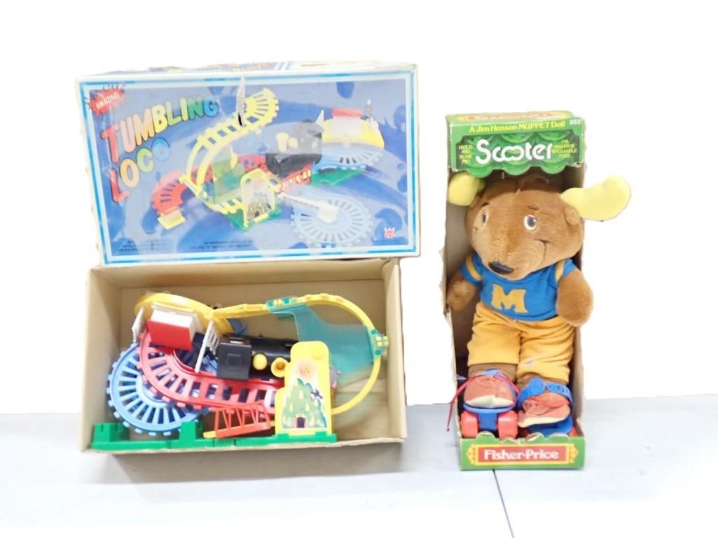 Toy Lot including Amazing Tumbling Loco, Jim Hensen Scooter Moose Plush with Roller Skates: Toy Lot including Amazing Tumbling Loco, Jim Hensen Scooter Moose Plush with Roller Skates All pictures are considered part of the description and should be examined carefully by bidders. Live Auctio